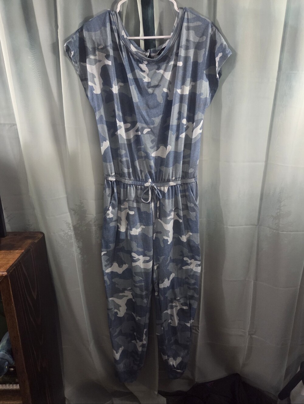 Blue Green Camo Jumpsuit with Drawstring Waist
